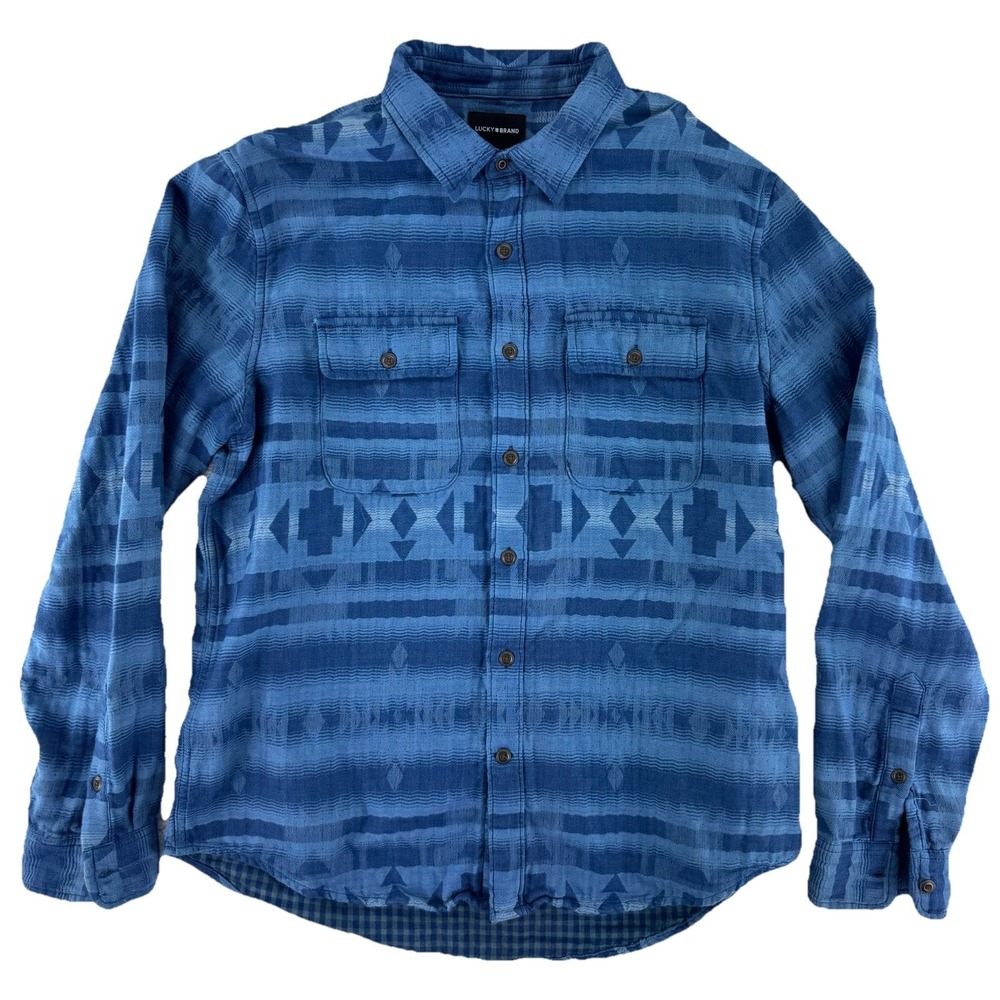 Lucky Brand Southwestern Aztec Print Button Up Shirt Mens Large Blue